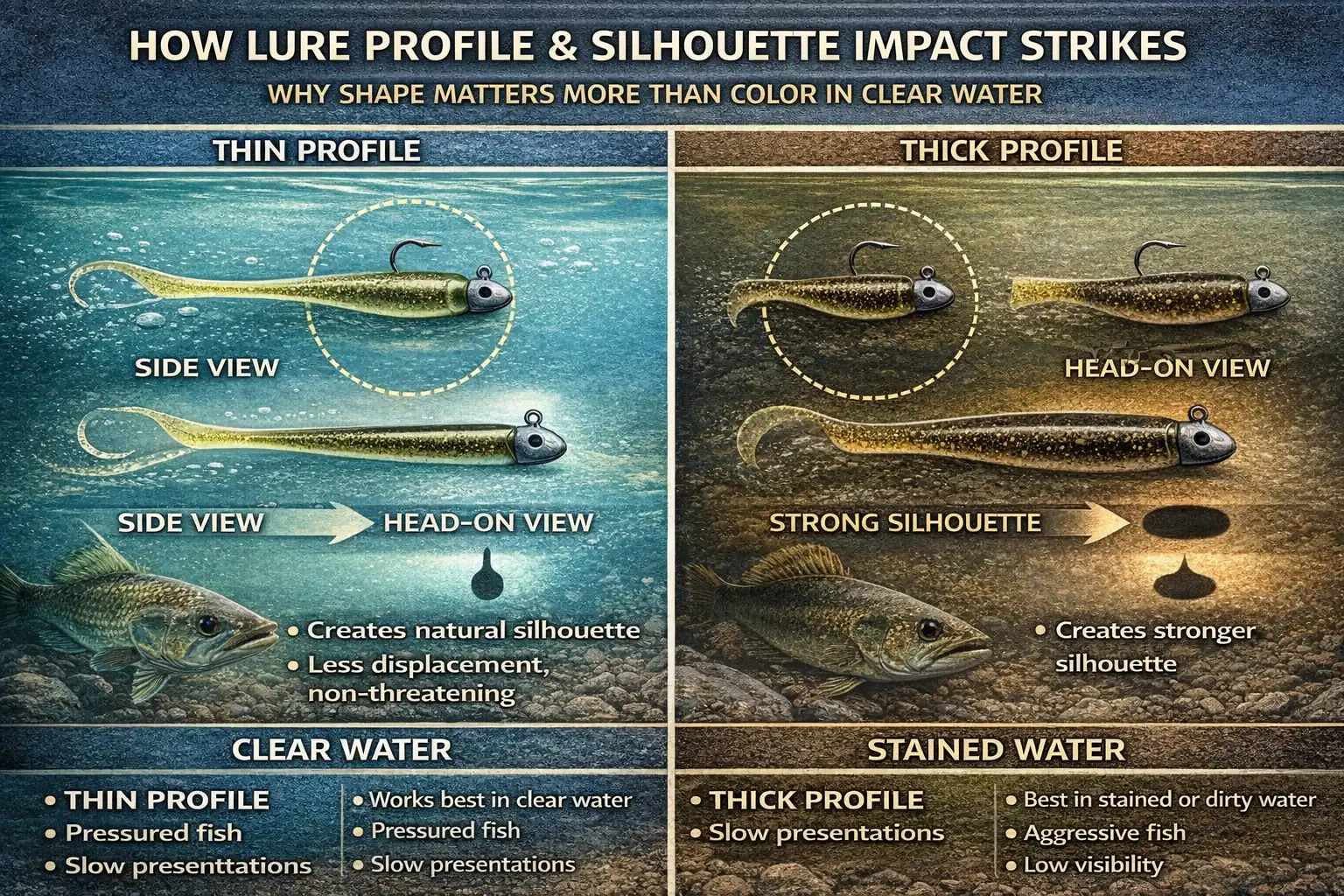 Diagram showing thin versus thick soft plastic lure profiles and how silhouette changes underwater in clear and stained conditions
