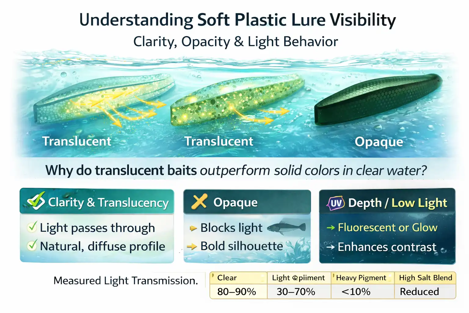 Infographic comparing transparent, translucent, and opaque soft plastic lures illustrating differences in light transmission, internal scattering, and silhouette strength underwater