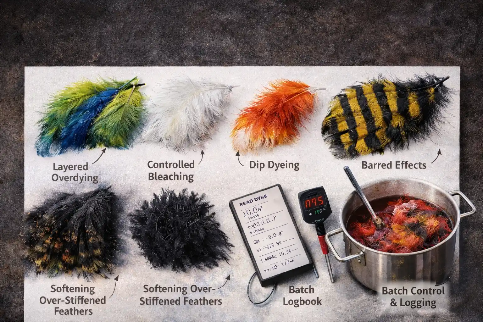Marabou feathers showing advanced dyeing methods including layered dyeing, dip-dyed contrast tips, barred striping effects, gradient transitions, and deep saturation control for professional marabou feather dyeing