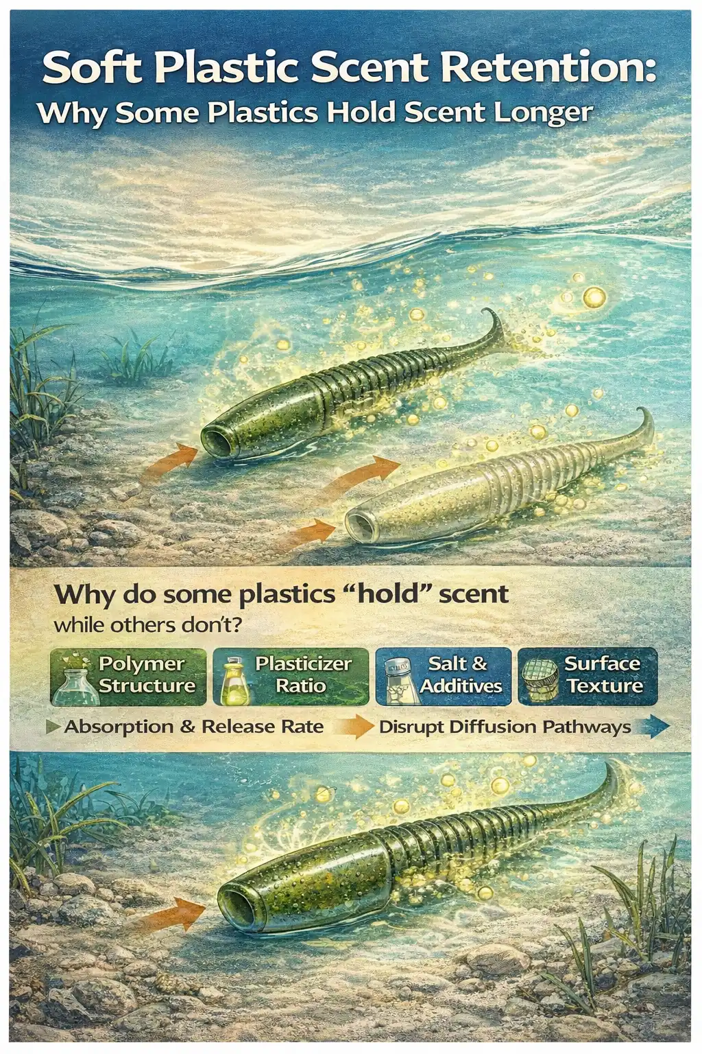 Infographic showing soft plastic lure scent absorption and retention highlighting how compound structure, density, and plasticizer levels affect attractant absorption and release