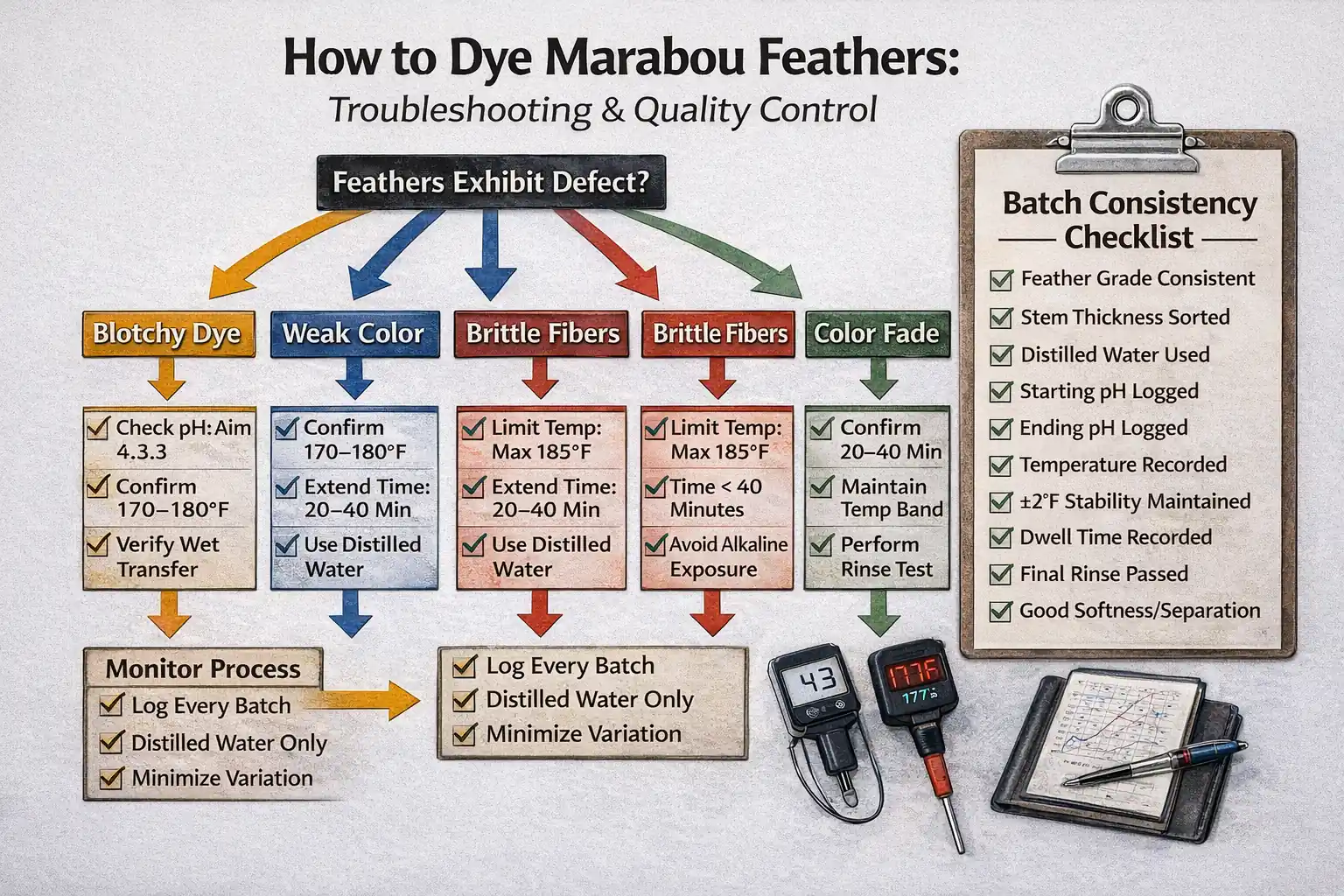 Flowchart-style infographic showing troubleshooting steps for how to dye marabou feathers, including blotchy dye, weak penetration, brittle fibers, fading color, and batch consistency checks with corrective process controls