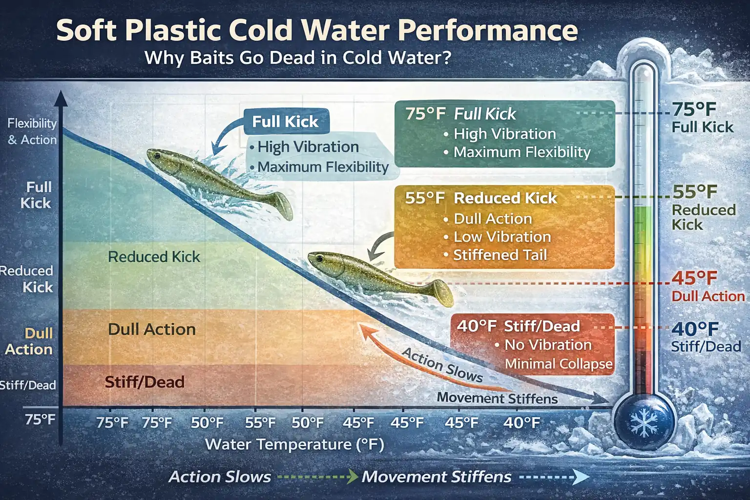 Infographic showing how cold water increases stiffness and reduces flexibility in soft plastic fishing lures while warm water increases softness and movement