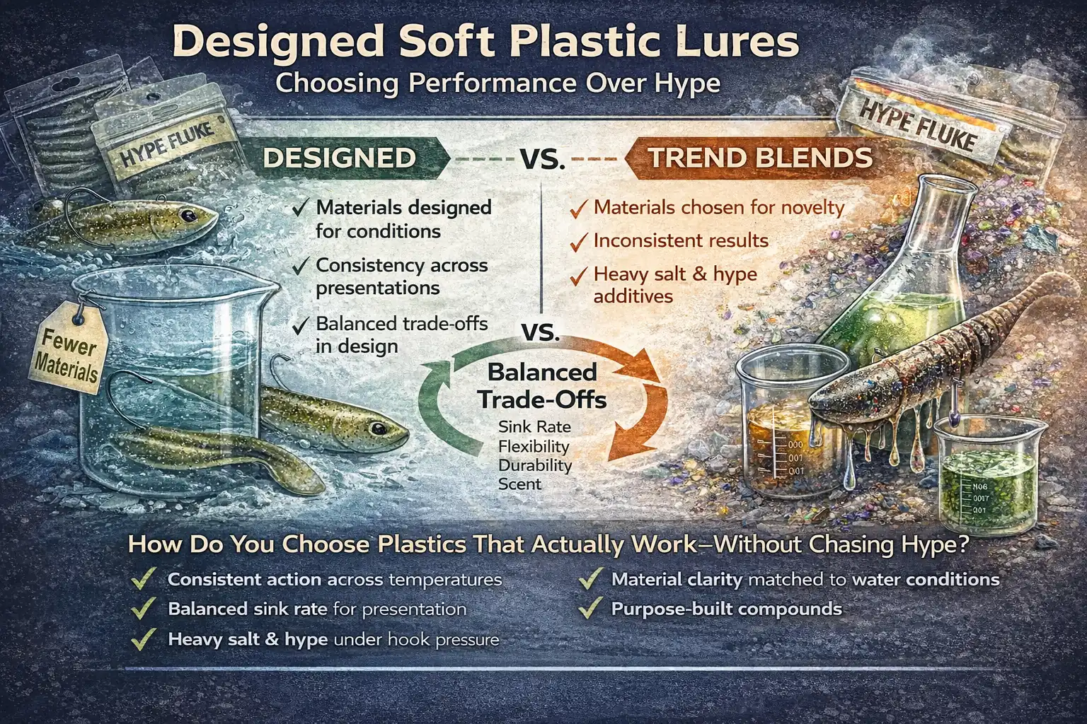 Infographic comparing engineered soft plastic lures designed for controlled flexibility, durability, and consistent performance against trend-driven plastics with flashy additives but inconsistent action