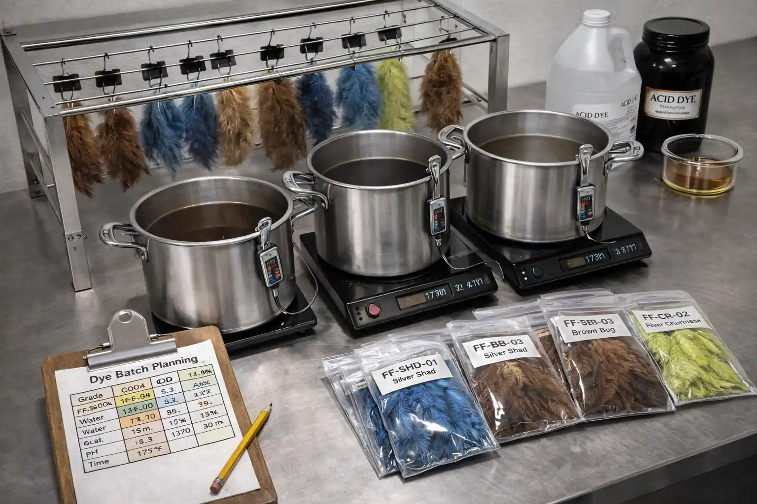 Stainless steel dye pots on induction burners with digital thermometers, marabou feathers drying on a rack, labeled packaged feathers, and a batch planning clipboard on a clean production workbench
