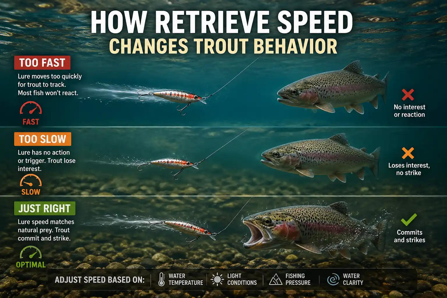 Infographic showing how retrieve speed in trout fishing affects behavior, including too fast, too slow, and optimal speeds leading to strikes