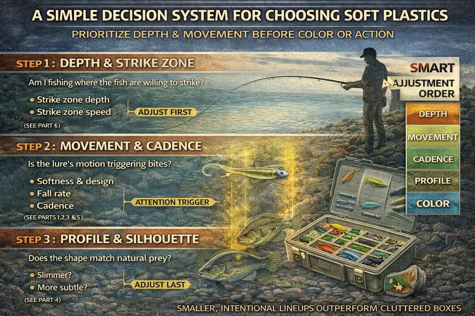 Infographic showing a soft plastic lure selection system outlining the decision order of depth, movement, cadence, profile, and color for consistent results