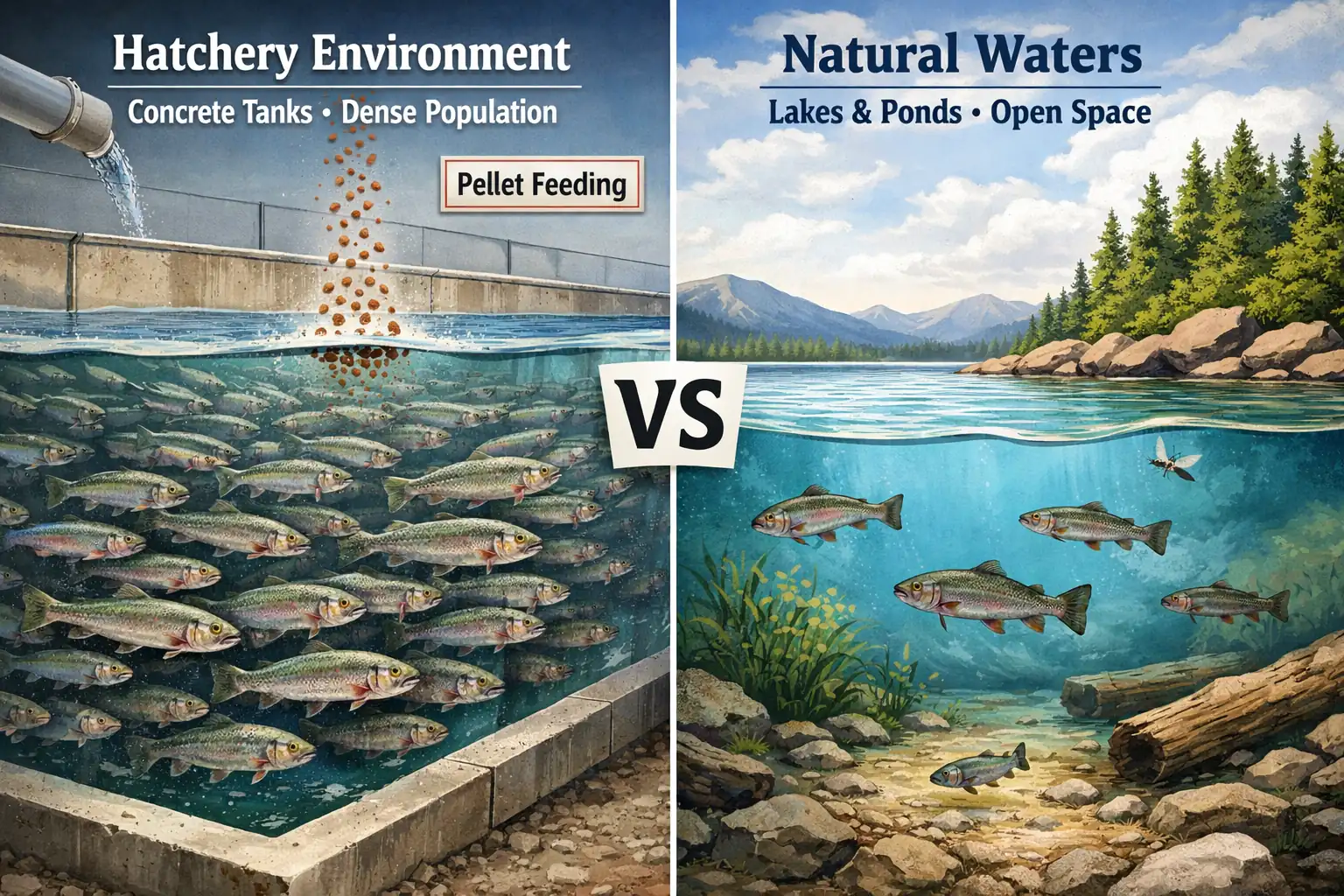 Comparison of hatchery-raised trout in concrete tanks being fed pellets versus trout in a natural lake environment with varied food sources