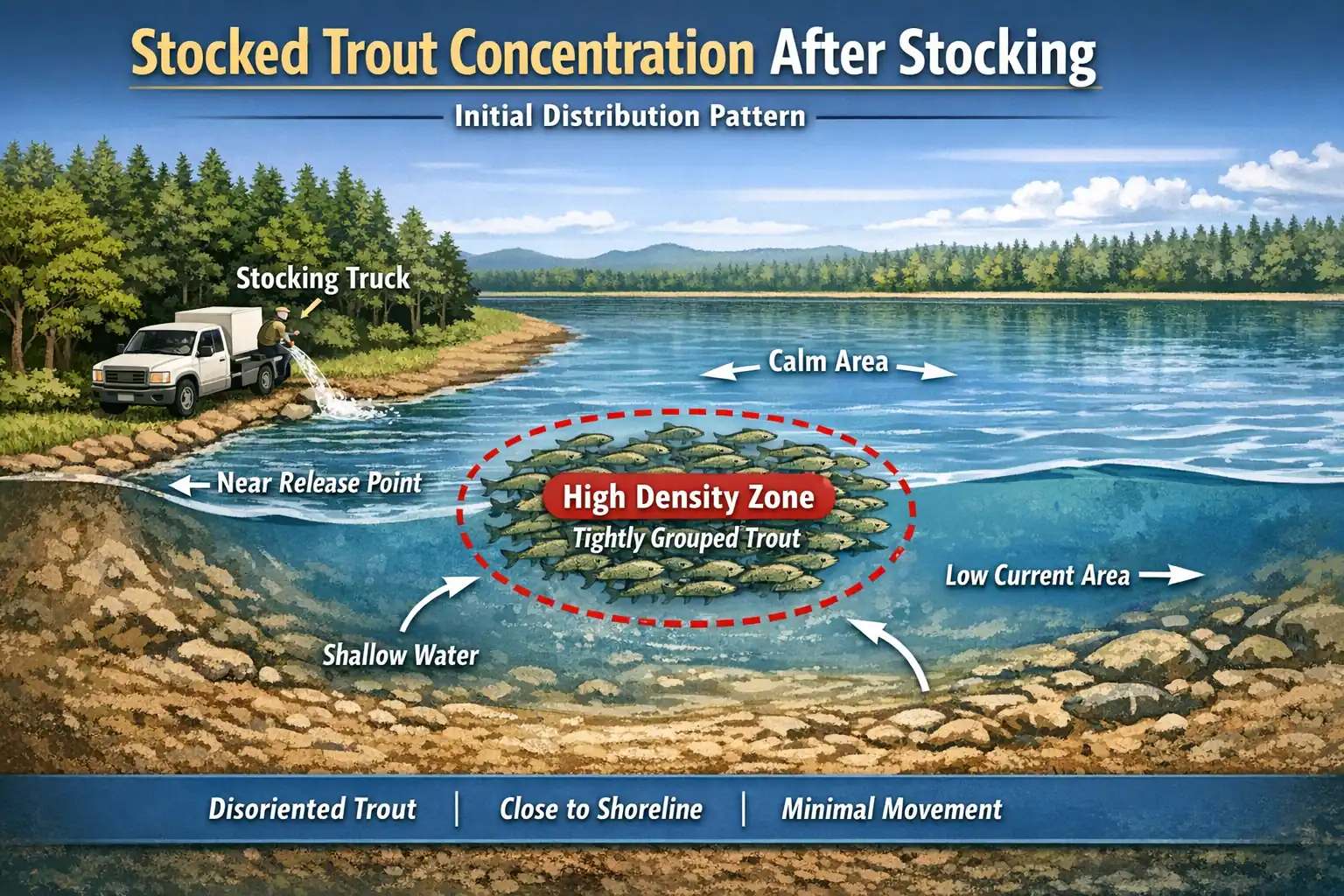 Diagram showing stocked trout clustered near shoreline release point forming a high-density zone in shallow calm water immediately after stocking