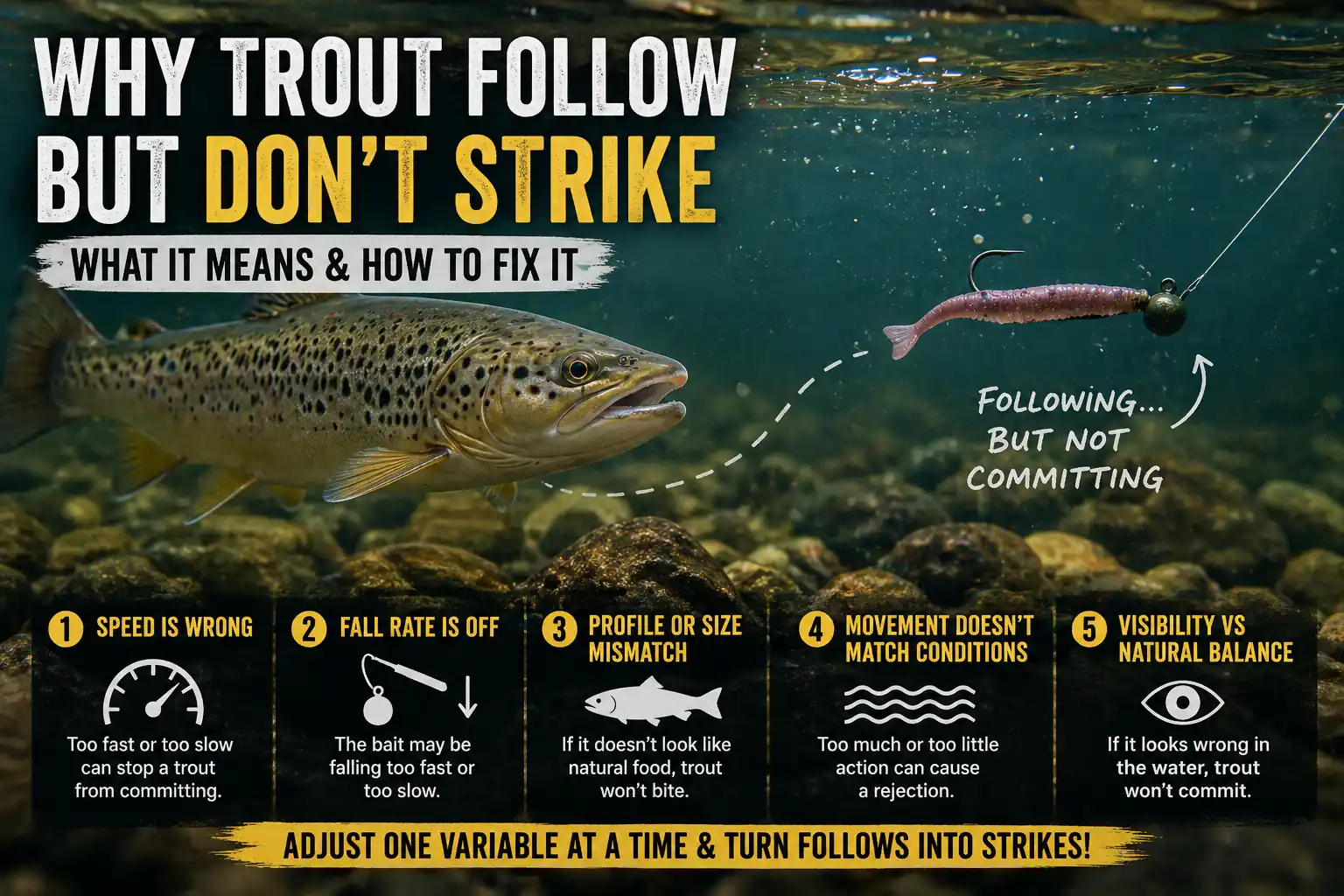Trout following a soft plastic lure underwater but not striking, illustrating how speed, fall rate, and presentation affect bite conversion